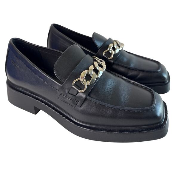 Vagabond Loafer Jillian Chain Women's EU38 US 8M Black Leather Slip On Sq Toe - Picture 1 of 11